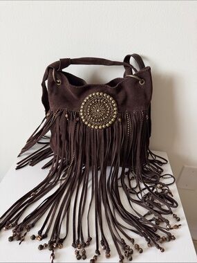 House of Dereon Vintage Suede Fringe Shoulder Bag – Y2K Boho Western Crossbody
